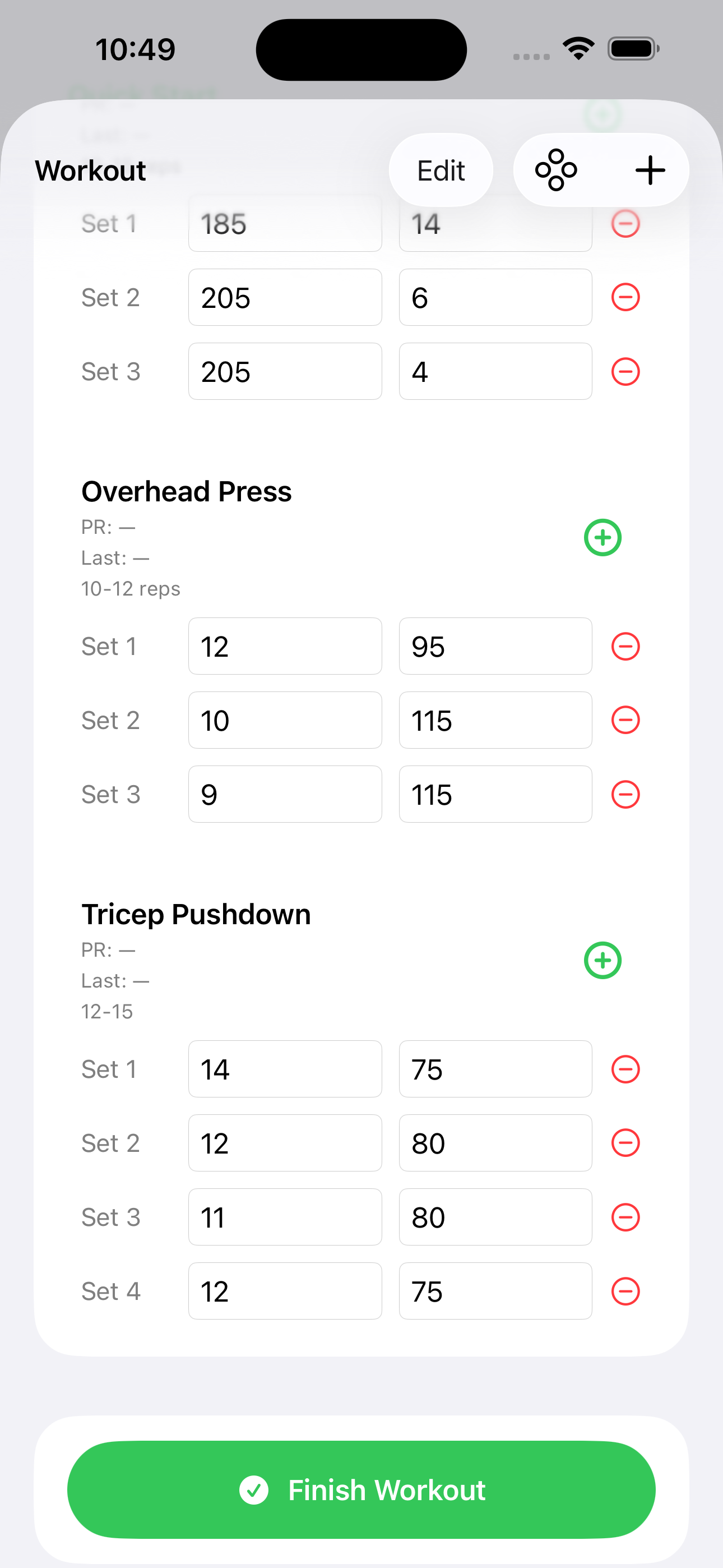 Workout log screenshot from Fitness Tracker